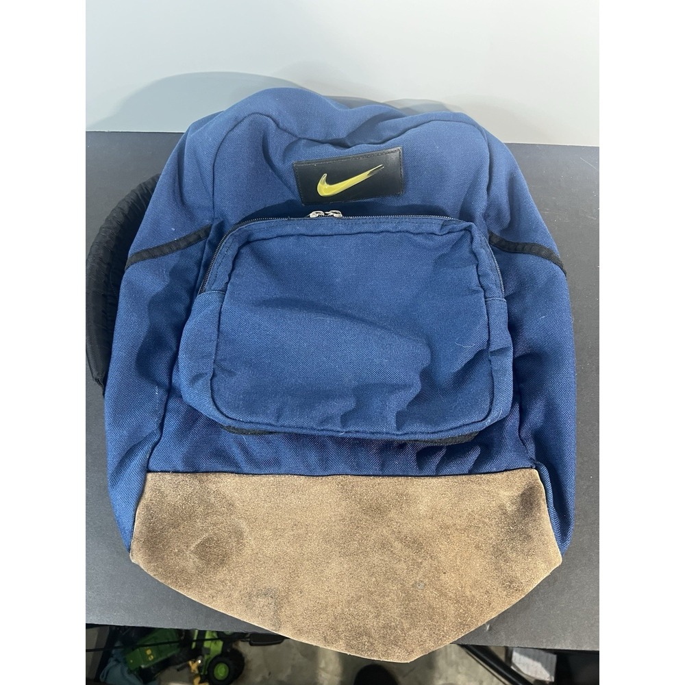 VTG Nike Leather Bottom Blue Backpack 90s Y2K White Tag Swish Logo READ